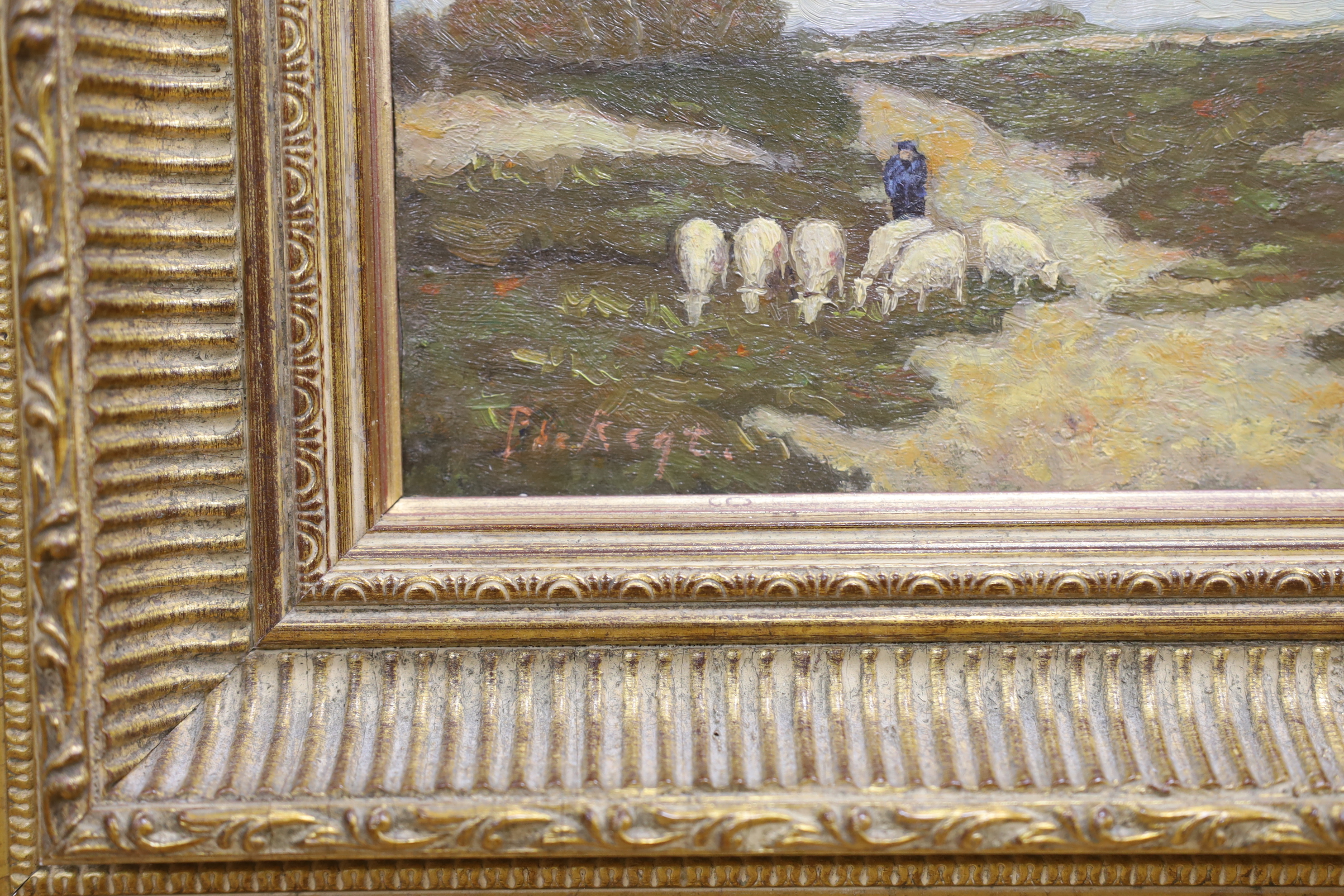 Pieter De Regt (Dutch, 1877-1960), Impressionist oil on board, Shepherd and flock of sheep, signed, 16 x 23cm, ornate gilt framed